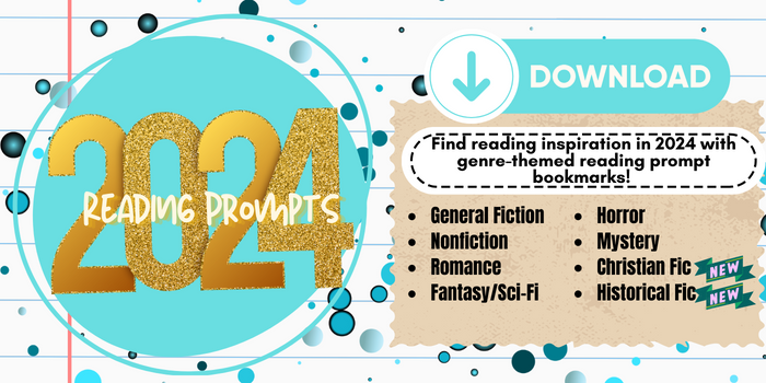2024 Reading Prompts text graphic with click to download all the genre bookmarks