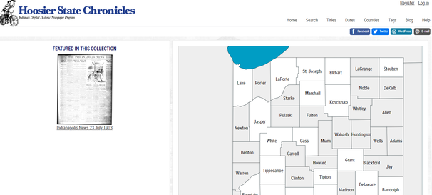 A screenshot showing the Hoosier State Chronicle's homepage with a map of Indiana counties.