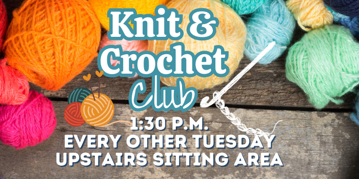 Knitting and Crocheting club info image with yarn balls
