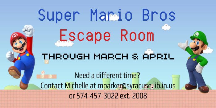 Super Mario Bros Escape Room text graphic with embedded link to the young adult page for registration.
