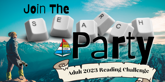 Join the Search Party 2023 Adult Reading Challenge text graphic with man on mountain